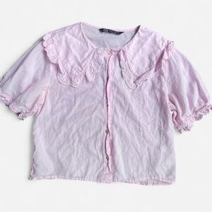 ZARA pink babydoll coquette button up top w/ peter pan collar & puffed sleeves M